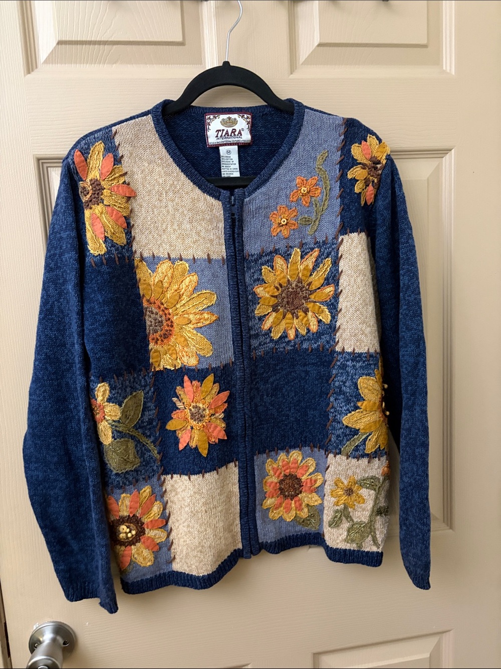 Vintage Tiara Navy Patchwork Sunflower Embroidered Zip Cardigan